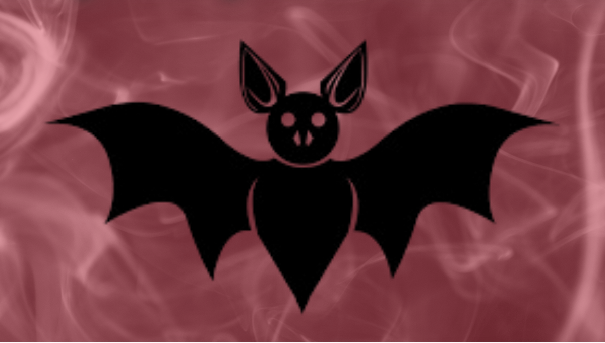 Logo of a black bat with 'Laughing Bat Candles' text on a pink smoke background