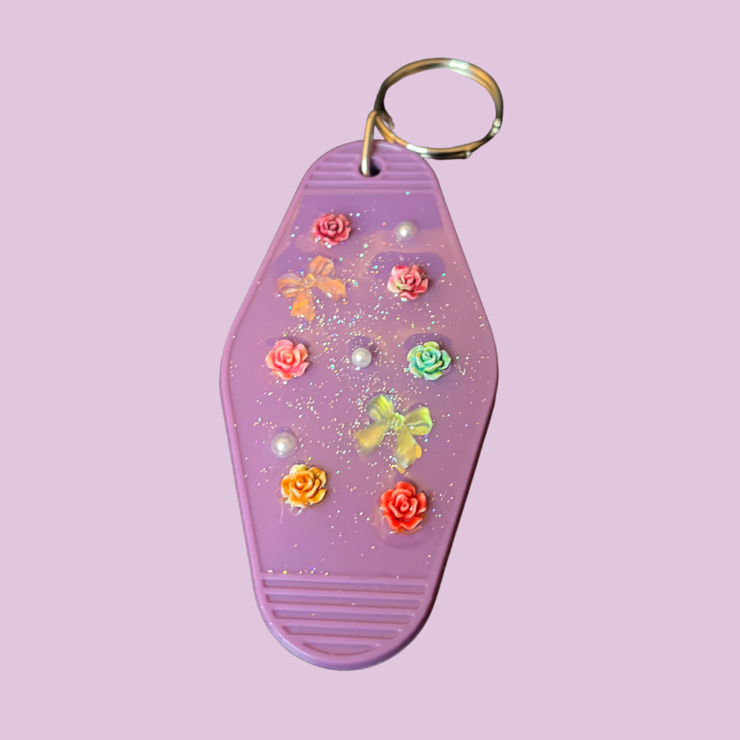 Lavender Flower & Pearl Motel Key Chain