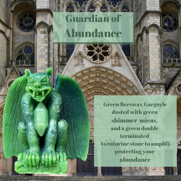 Guardian of abundance description reads green beeswax gargoyle dusted with shimmer micas and a ouble terminated aventurine crystal to protect your abundance