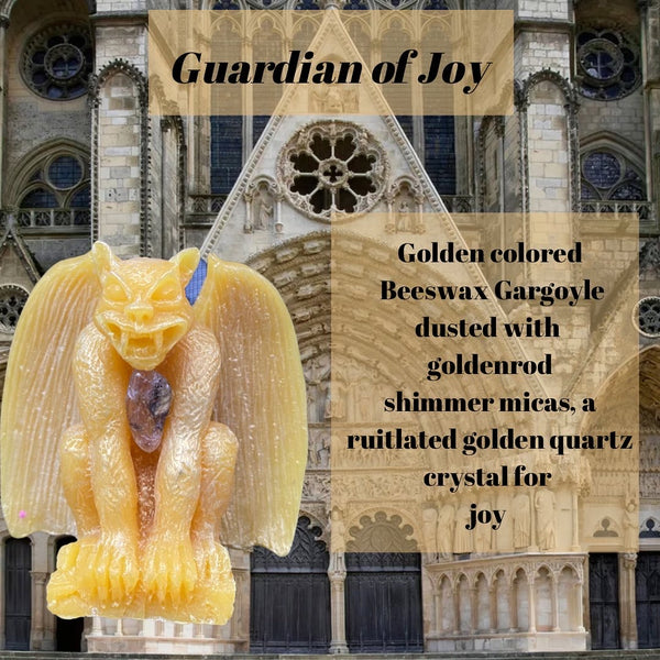 Golden colored beeswax gargoyle, shimmer micas and golden rutilated quartz crystals