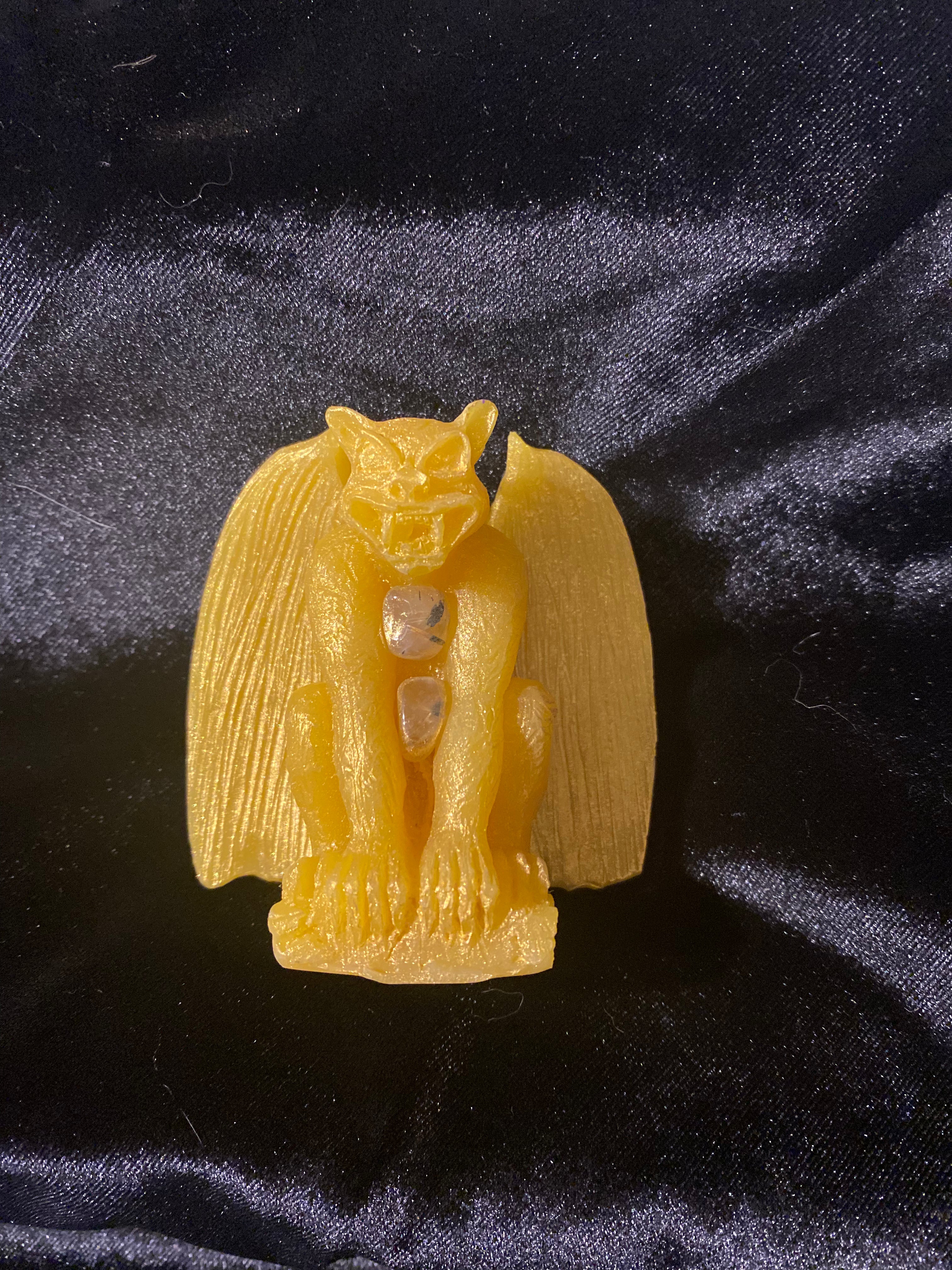 Golden Shimmering Beeswax Gargoyle with golden rutilated quartz crystals crystal