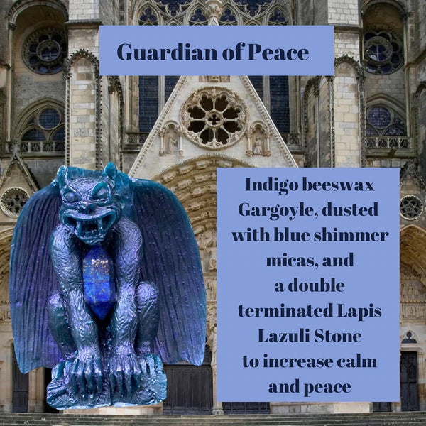 Guardian of peace description text reads indigo beeswax dusted with indigo shimer micas and lapis lazuli stone to increase calm and peace