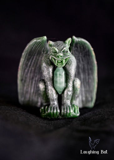 Emerald Green beeswax gargoyle with double terminated aventurine crystal