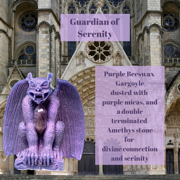 ''Description card reads " Guardian of Serenity Purple beeswax gargoyle  dusted with purple micas and a double terminated crystal amethyst  stone for divine connection and serenity